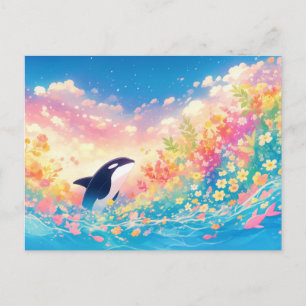 Whimsical Orca Whale Wildflower Postcard