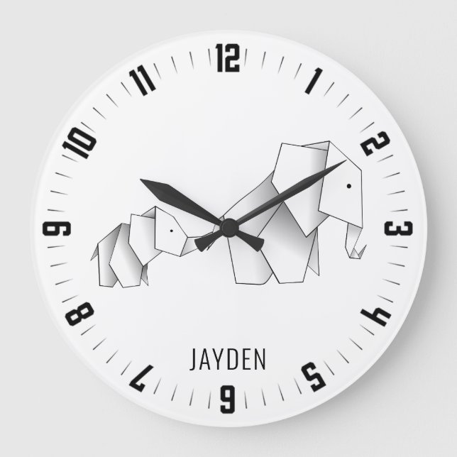 Whimsical Origami Elephants Nursery Large Clock (Front)