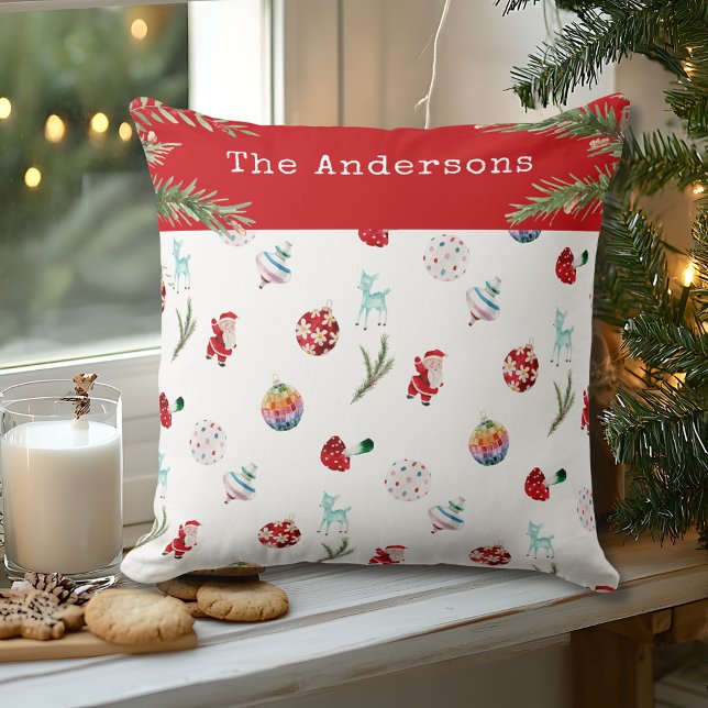 Whimsical Ornaments Family Name Photo Christmas Cushion (Creator Uploaded)