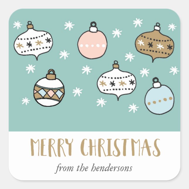 Whimsical Ornaments Merry Christmas Return Address Square Sticker (Front)