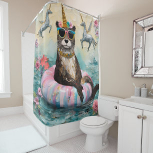 Whimsical Otter and Unicorns Floating on a River Shower Curtain