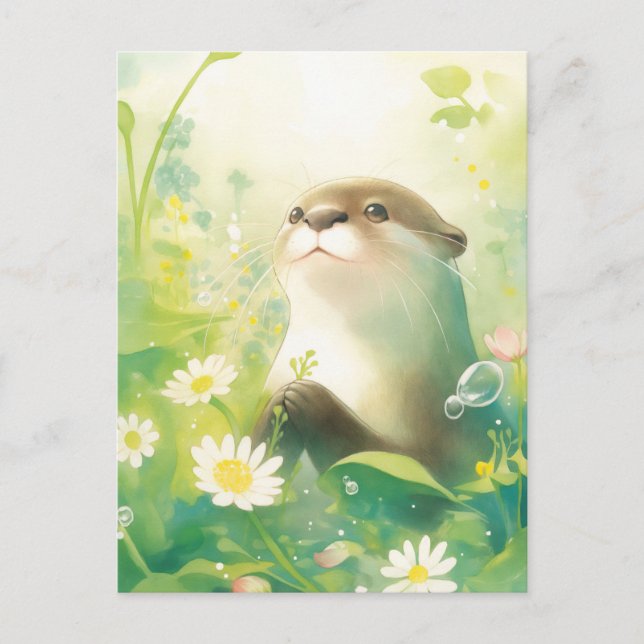 Whimsical Otter in Spring Daisy Meadow Postcard (Front)