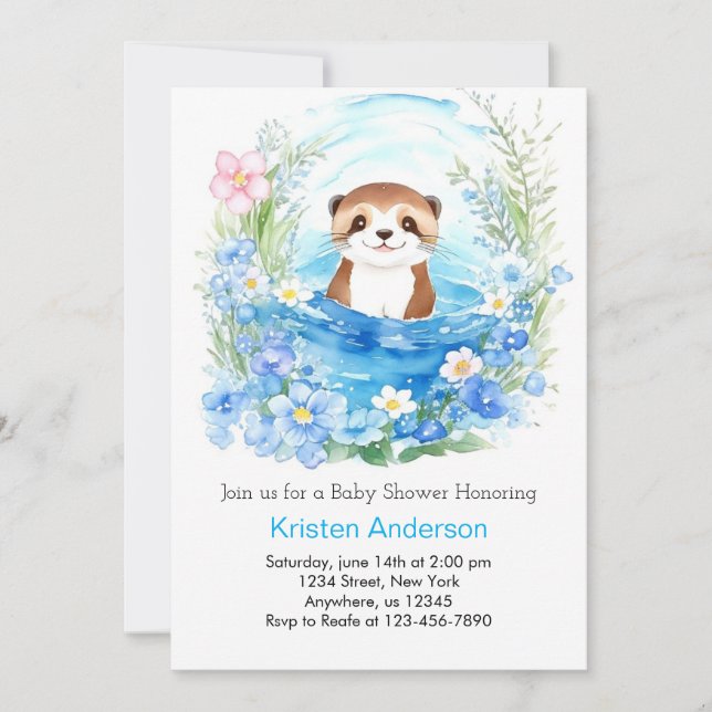 Whimsical Otter's Watercolor Boy Baby Shower Invitation (Front)