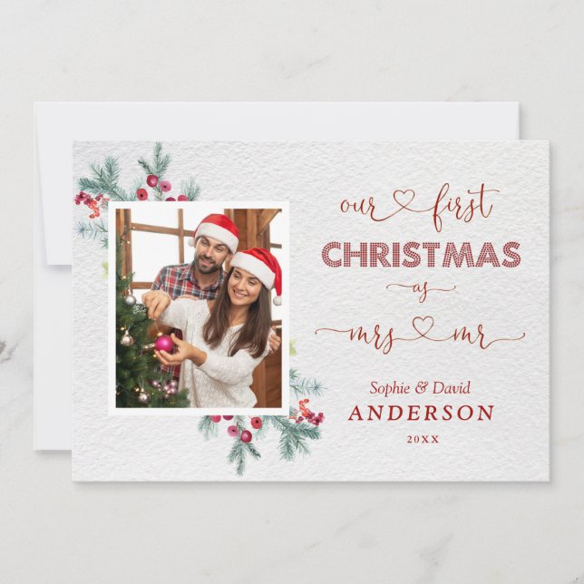 Whimsical Our 1st Xmas As Mr. & Mrs. Script Photo Invitation (Front)