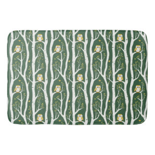 Whimsical Owl and Birch Tree Pattern Bath Mat