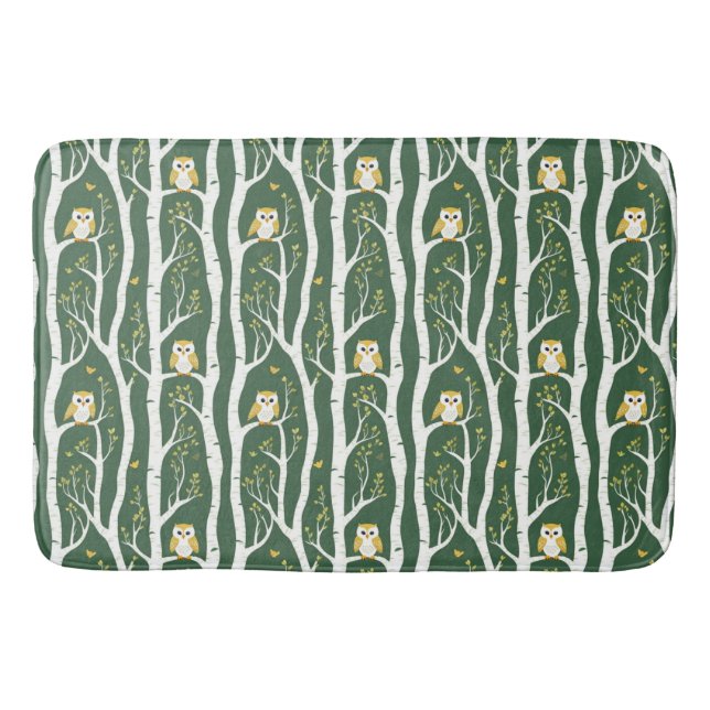 Whimsical Owl and Birch Tree Pattern Bath Mat (Front)
