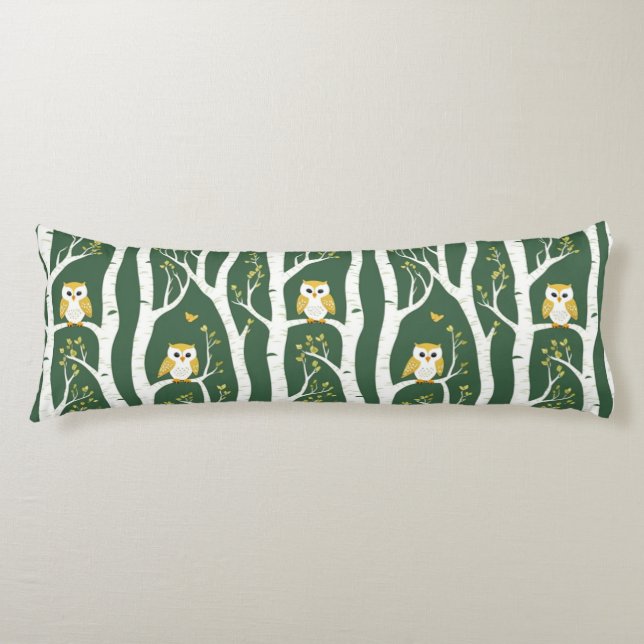 Whimsical Owl and Birch Tree Pattern Body Cushion (Front)