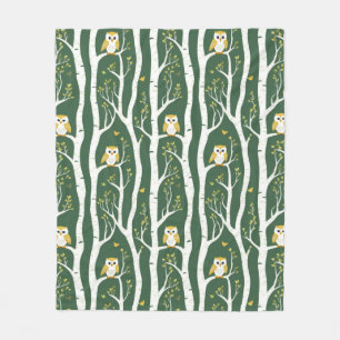 Whimsical Owl and Birch Tree Pattern Fleece Blanket