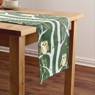 Whimsical Owl and Birch Tree Pattern Long Table Runner