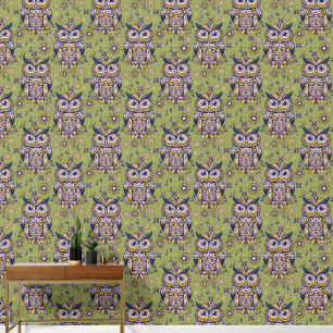 Whimsical Owl and Floral Melody green Wallpaper
