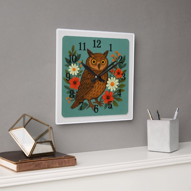 Whimsical Owl and Flowers Square Wall Clock (Office)