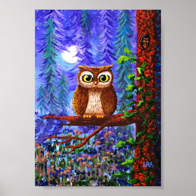 Whimsical Owl Art Forest Moon Creationarts Poster (Front)