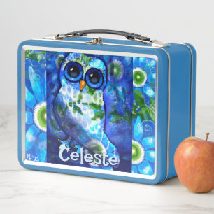 Whimsical Owl Blue Green Floral Personalised Metal Lunch Box