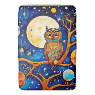 Whimsical Owl Celestials: Stars, Moon, Planets Bath Mat