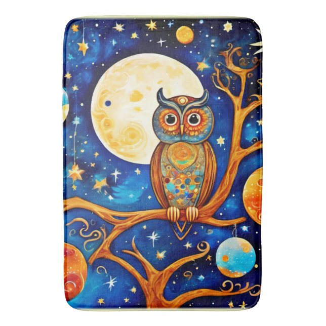 Whimsical Owl Celestials: Stars, Moon, Planets Bath Mat (Front Vertical)