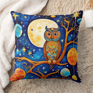 Whimsical Owl Celestials: Stars, Moon, Planets Cushion