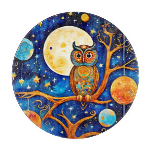 Whimsical Owl Celestials: Stars, Moon, Planets Cutting Board