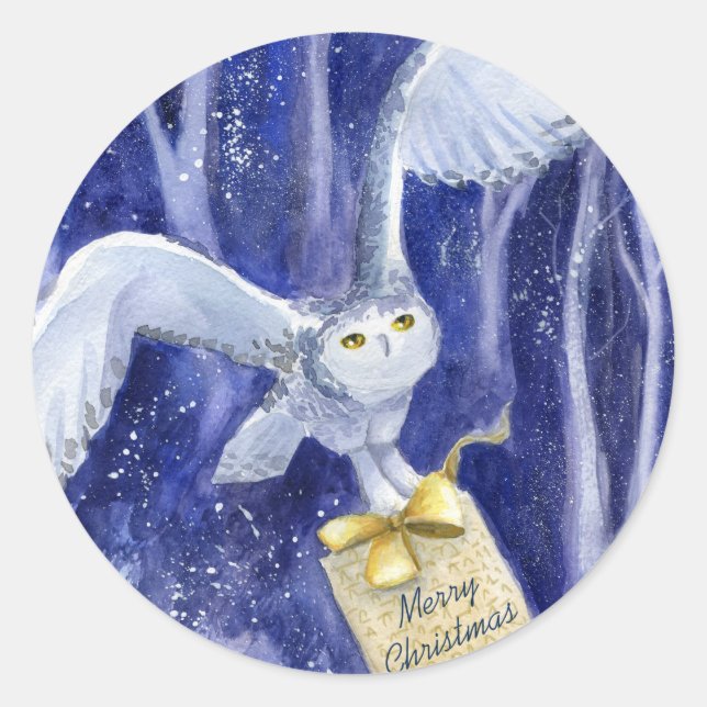 Whimsical Owl Christmas Blue-violet Watercolor Classic Round Sticker (Front)