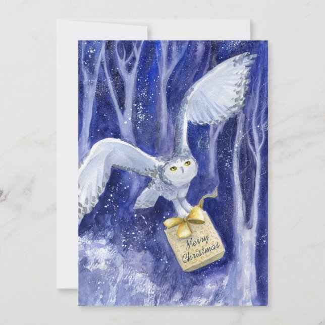 Whimsical Owl Christmas blue-violet watercolor Holiday Card (Front)