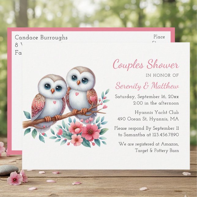 Whimsical Owl Couple Woodland Couple Shower Invitation Postcard (Creator Uploaded)