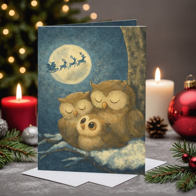 Whimsical Owl Family Christmas Cozy Winter Night Holiday Card (Whimsical Christmas card featuring a cozy owl family and Santa's sleigh under a glowing moon.)