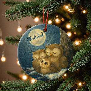 Whimsical Owl Family Christmas Eve Baby Owlet Ceramic Tree Decoration