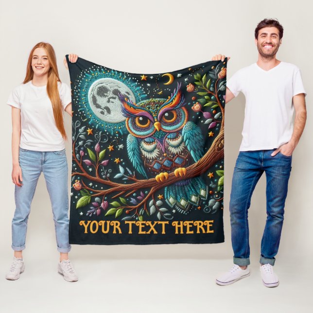 Whimsical Owl Faux Embroidery  Fleece Blanket (In Situ)