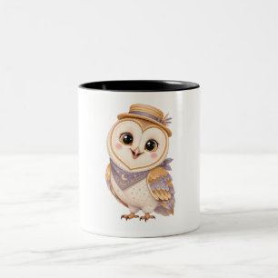 Whimsical Owl in a Straw Hat Two-Tone Coffee Mug