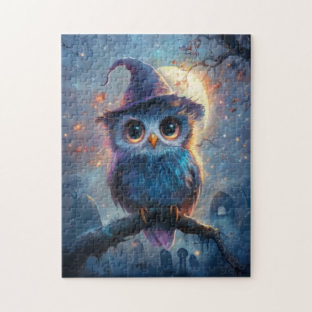 Whimsical Owl in Witch Hat with Full Moon Jigsaw Puzzle (Vertical)
