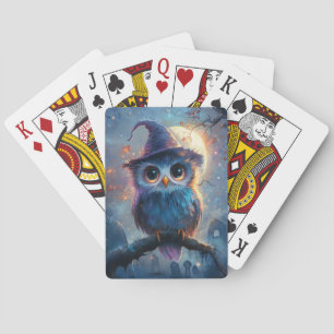 Whimsical Owl in Witch Hat with Full Moon Playing Cards