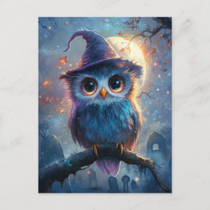 Whimsical Owl in Witch Hat with Full Moon Postcard