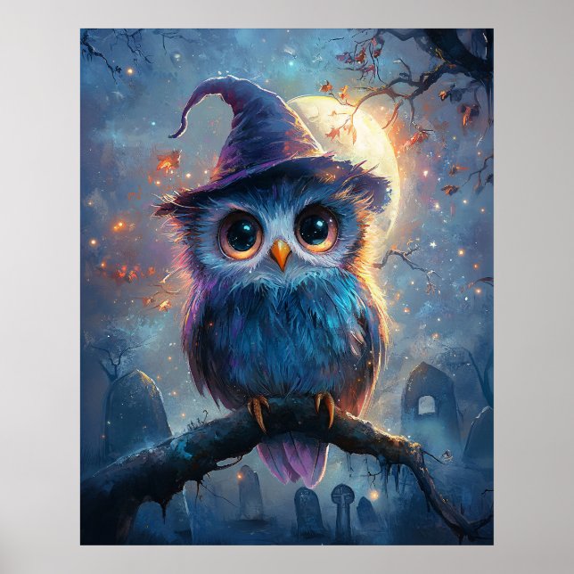 Whimsical Owl in Witch Hat with Full Moon Poster (Front)