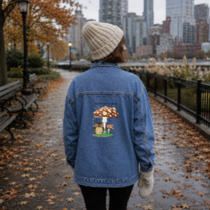 Whimsical Owl Mushroom Rain Shower Blue Denim Jacket