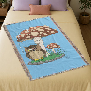Whimsical Owl Mushroom Rain Shower Blue Throw Blanket