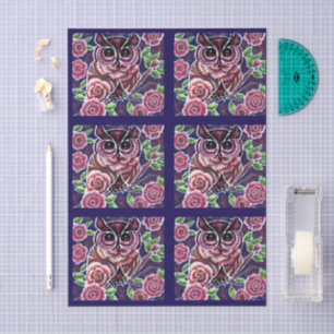 Whimsical Owl on Flowering Branch Decoupage Tissue Paper