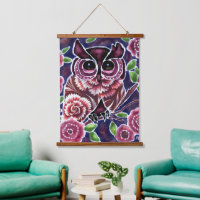 Whimsical Owl on Flowering Branch Pink Blue