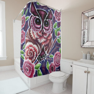 Whimsical Owl on Flowering Branch Pink Blue Shower Curtain