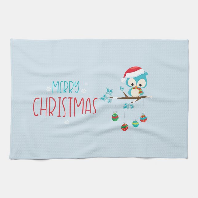 Whimsical Owl Ornaments Branch Tea Towel (Horizontal)
