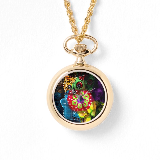 Whimsical Owl Talavera Style Green Red Blue Floral Watch (Front)