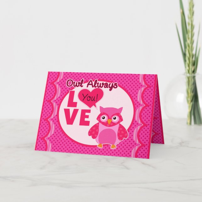 Whimsical Owl, Valentine's Day Greeting Card, Pink Holiday Card (Front)