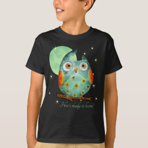 Whimsical Owl Watercolor Style Name School on Back T-Shirt