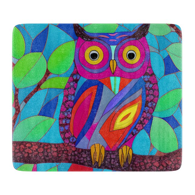 Whimsical Owl with Colourful Feathers Cutting Board (Front)