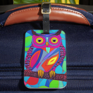 Whimsical Owl with Colourful Feathers Luggage Tag
