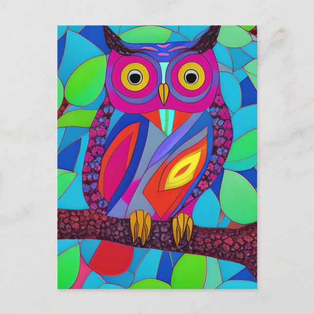 Whimsical Owl with Colourful Feathers Postcard (Front)