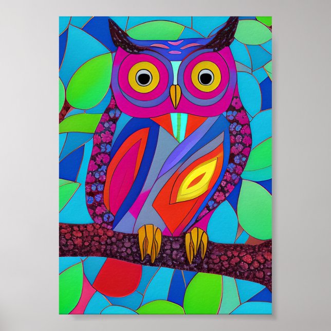 Whimsical Owl with Colourful Feathers Poster (Front)