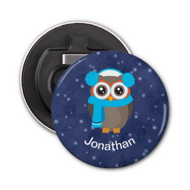 Whimsical Owl with Earmuffs on Snowy Blue Bottle Opener (Front)