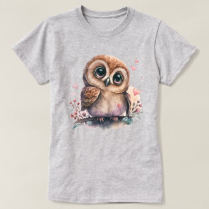 Whimsical Owl with Hearts and Blossoms T-Shirt