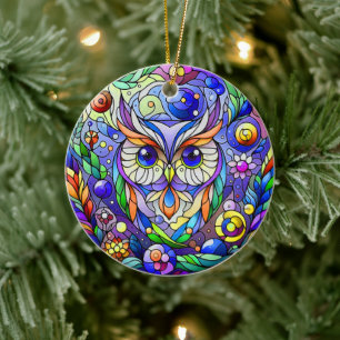 Whimsical Owl With Sapphire Eyes Ceramic Tree Decoration
