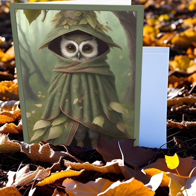 Whimsical Owl Wizard Long Legs Cute Strange Animal Holiday Card (Enchanted forest whimsy wizard owl cute charming all occasion greeting card misty green woodland art)