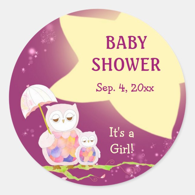 Whimsical Owls Baby Shower Favour Classic Round Sticker (Front)